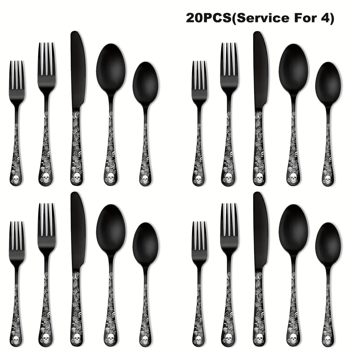 20/30pcs Gothic Design Cutlery Service For 4/6, Premium Stainless Steel Flatware Includes Spoon Fork And Knife, Cool Silverware With Skull&Rose Pattern, Mirror Polished, Nice Gift For Dark&Rock Lover/Halloween/Day Of The Dead