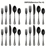 20/30pcs Gothic Design Cutlery Service For 4/6, Premium Stainless Steel Flatware Includes Spoon Fork And Knife, Cool Silverware With Skull&Rose Pattern, Mirror Polished, Nice Gift For Dark&Rock Lover/Halloween/Day Of The Dead