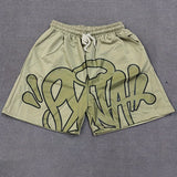 Casual Retro Hip Hop Print Drawstring Shorts for Men & Women - Y2K-Inspired Cotton Blend, Machine Washable, Streetwear Fashion