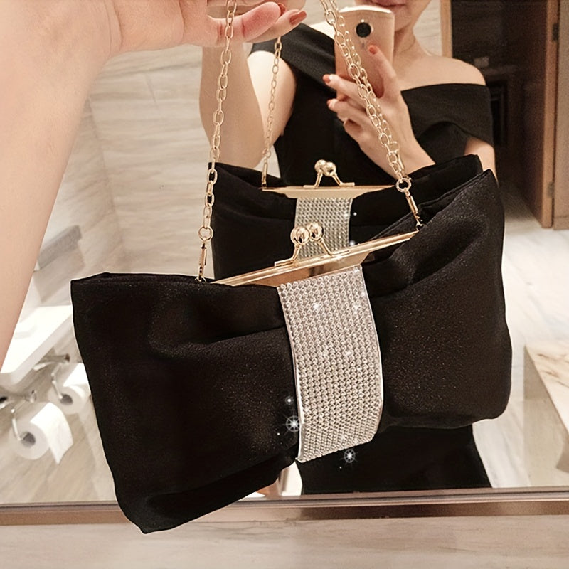 Rhinestone Decor Fashion Clutch Bag, Kiss-Lock Metal Chain Portable Handbag, Women's Purses & Evening Bags