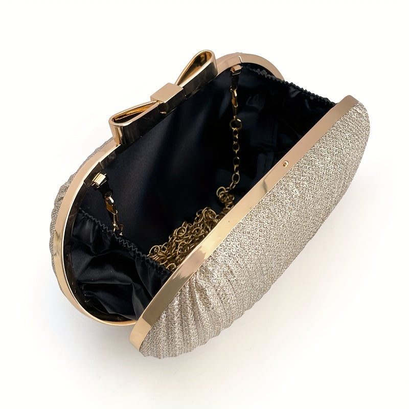 Elegant Glitter Bow Knot Clutch Bag - Buckle Closure, Polyester Lining, Metal Chain Strap, Solid Color, Perfect for Party and Dinner Events - Stylish and Versatile Evening Handbag