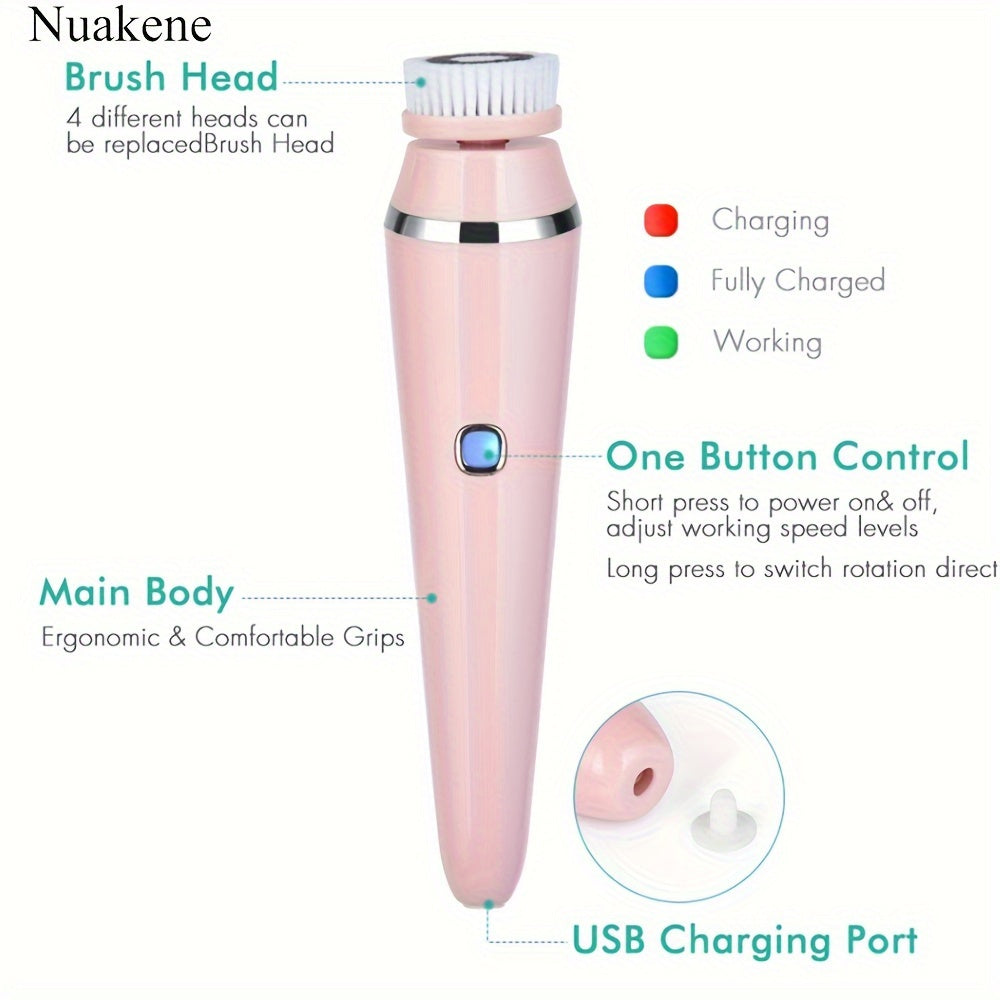 Nuakene 4-in-1 Rechargeable Electric Facial Cleansing Brush - Soft Bristle Brush, Silicone Facial Cleaner, Facial Massager, Rotating Base, Gentle Exfoliator, Deep Cleaning, Holiday Gift for Women