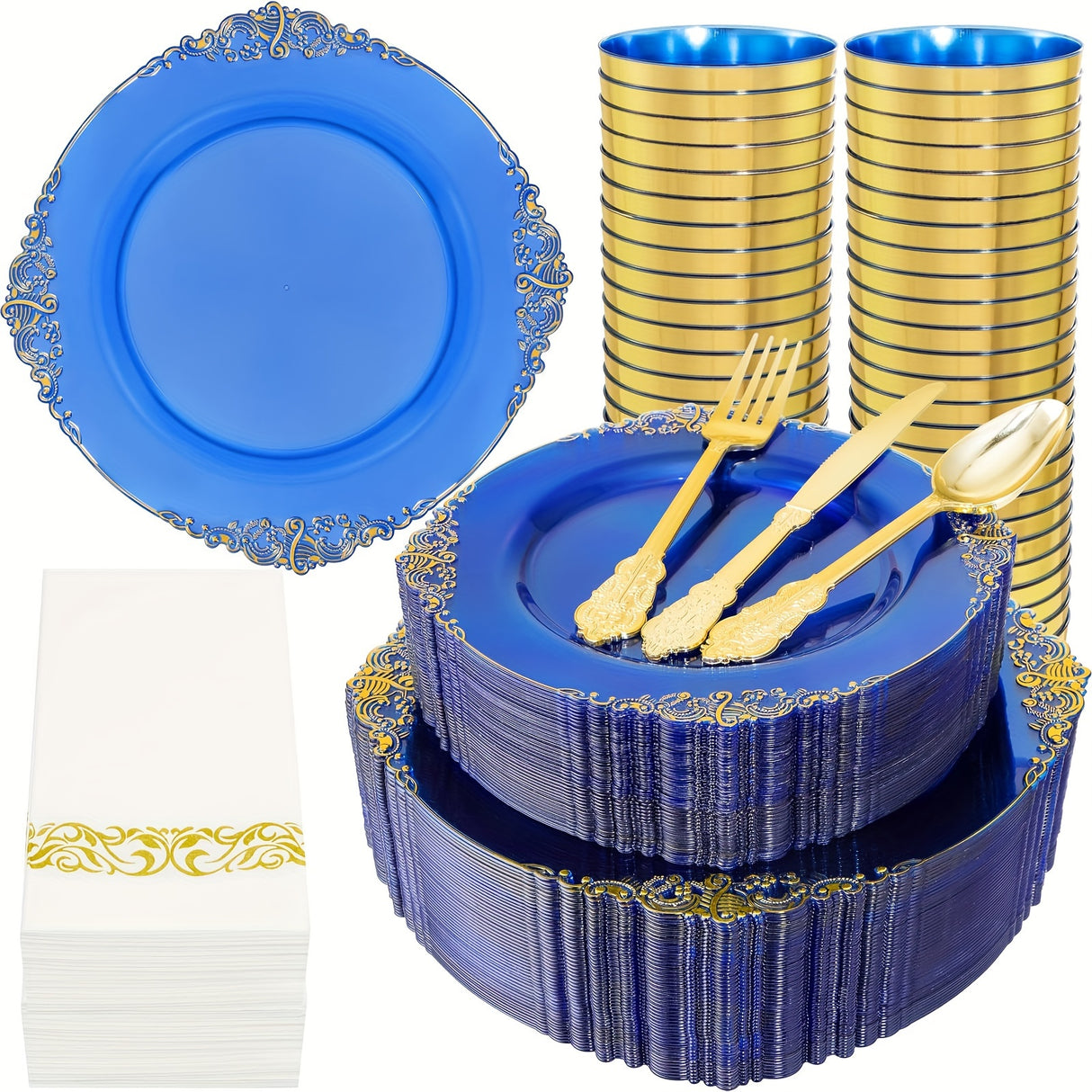 350PCS Blue Plastic Plates - Blue Plastic Dinnerware Sets for 50 Guests - 100 Blue Disposable Party Plates, 150Gold Plastic Silverware, 50Cups, 50Napkins for Wedding & Party