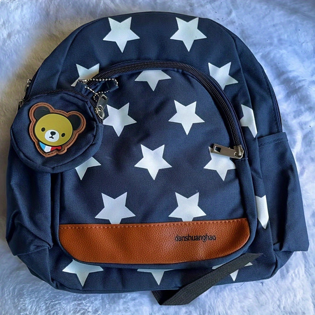 Small Starry Backpack, Navy Blue With White Stars, 12-Inch Casual School Bag For With Bear Charm