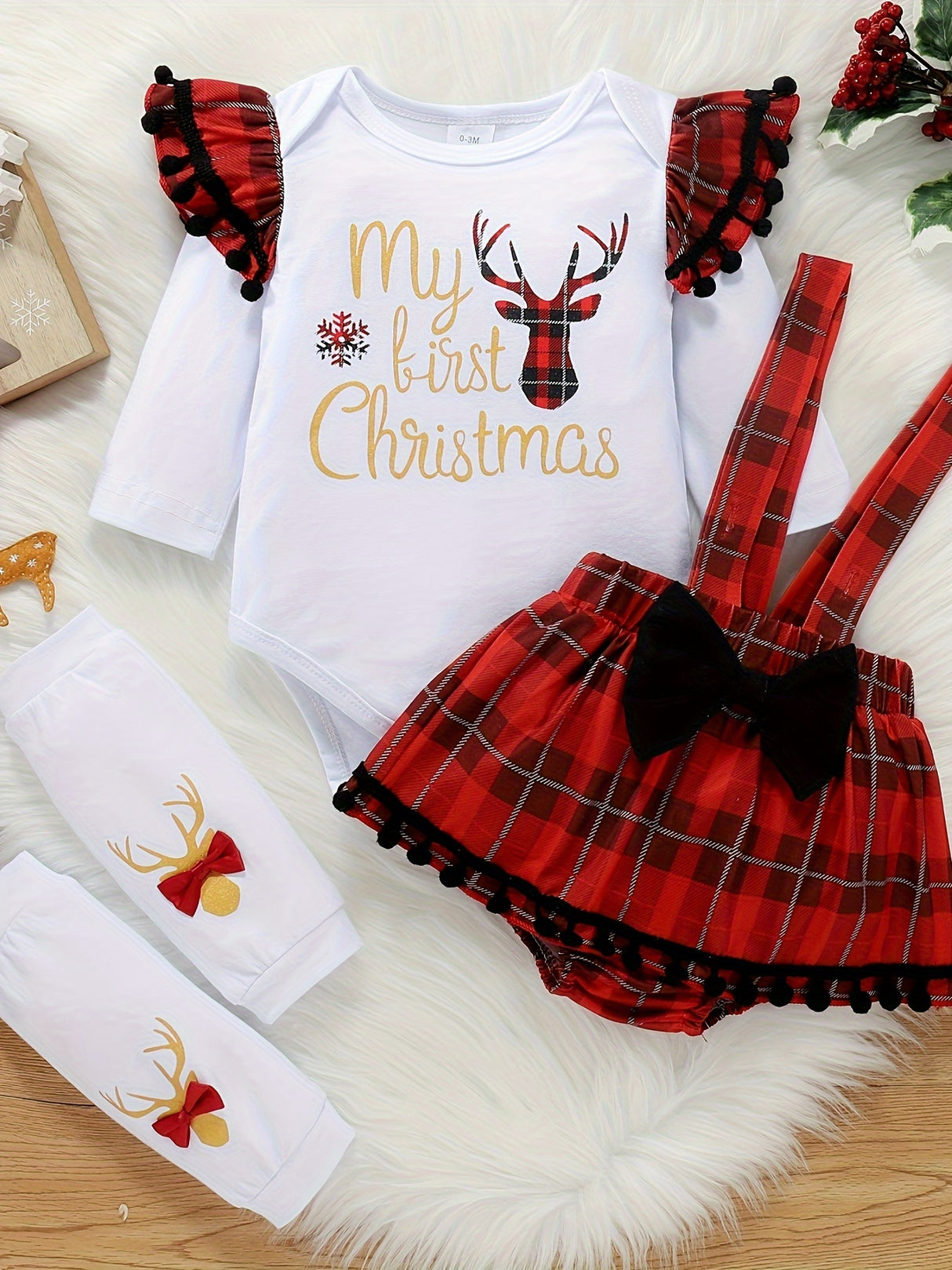 My First Christmas Baby Girl Outfits, Newborn Cartoon Deer & Letter Print Long Sleeve Ruffle Romper + Plaid Suspender Skirt + Leg Warmer 3pcs For 0-18 Months Babies, Outdoor Cloth