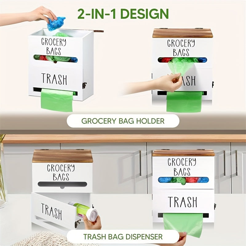 2-in-1 Wooden Wall-Mount Garbage Bag Dispenser & Organizer - Large Capacity, White/Black for Kitchen & Bathroom Essentials