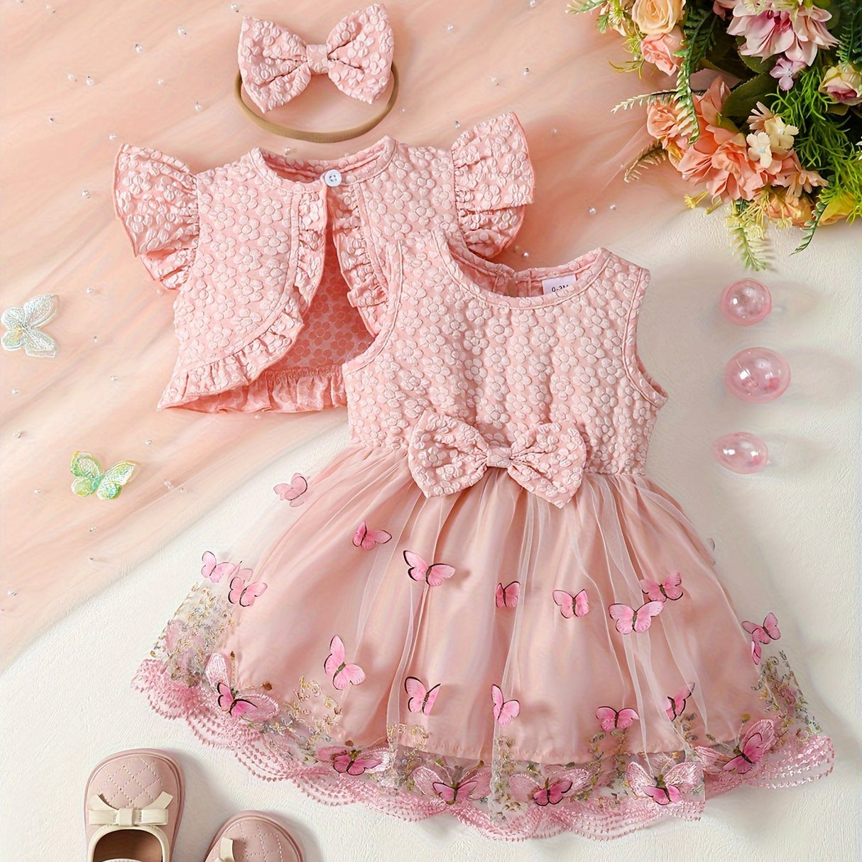 [Summer Baby Dress] 3pcs Summer Baby Girl Custom Mesh Dress | Three-Dimensional Butterfly Embroidered, Flanged Skin Flared Sleeve Short-Style Outer Blouse, Bow Hair Ribbon Set