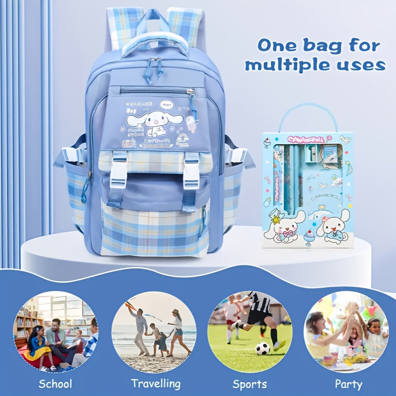 CinnamonRoll Backpack Set with Stationery, CinnamonRoll Cute Cartoon Bookbag, Kawaii Sanrio Backpack, Cute Blue School Bag, School Backpack, for Back to Shool Season, New Semester, Travel Accessories Must Have, Travel Accesso