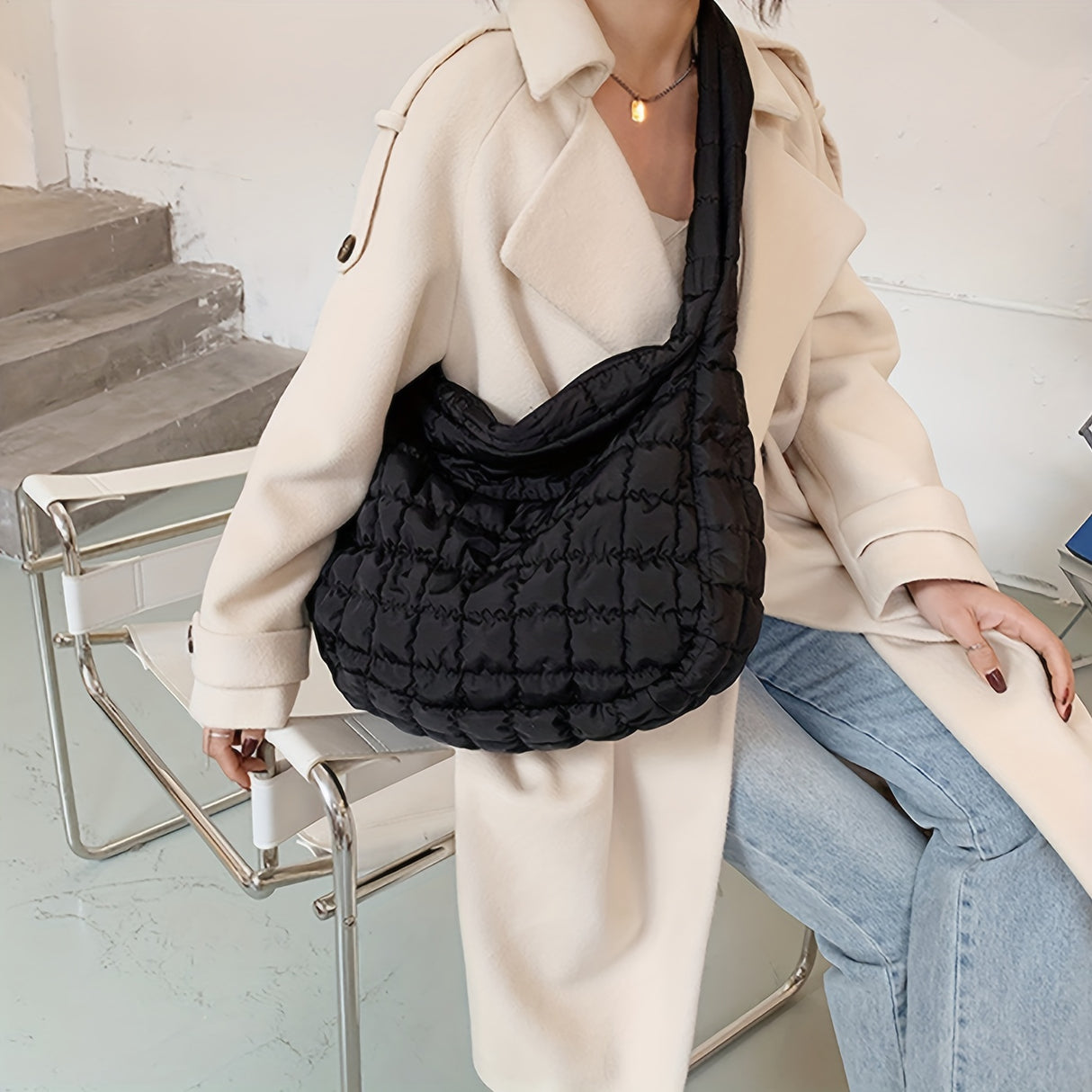 Large Capacity Quilted Tote Bag, Fashion Padded Shoulder Bag, Women's Cute Handbag, Crossbody Bag & Hobo Purse