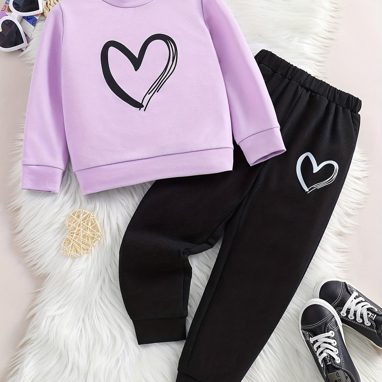 Girl's 2pcs, Sweatshirt & Sweatpants Set, Love Heart Print Long Sleeve Top, Casual Outfits, Kids Clothes For Spring Fall