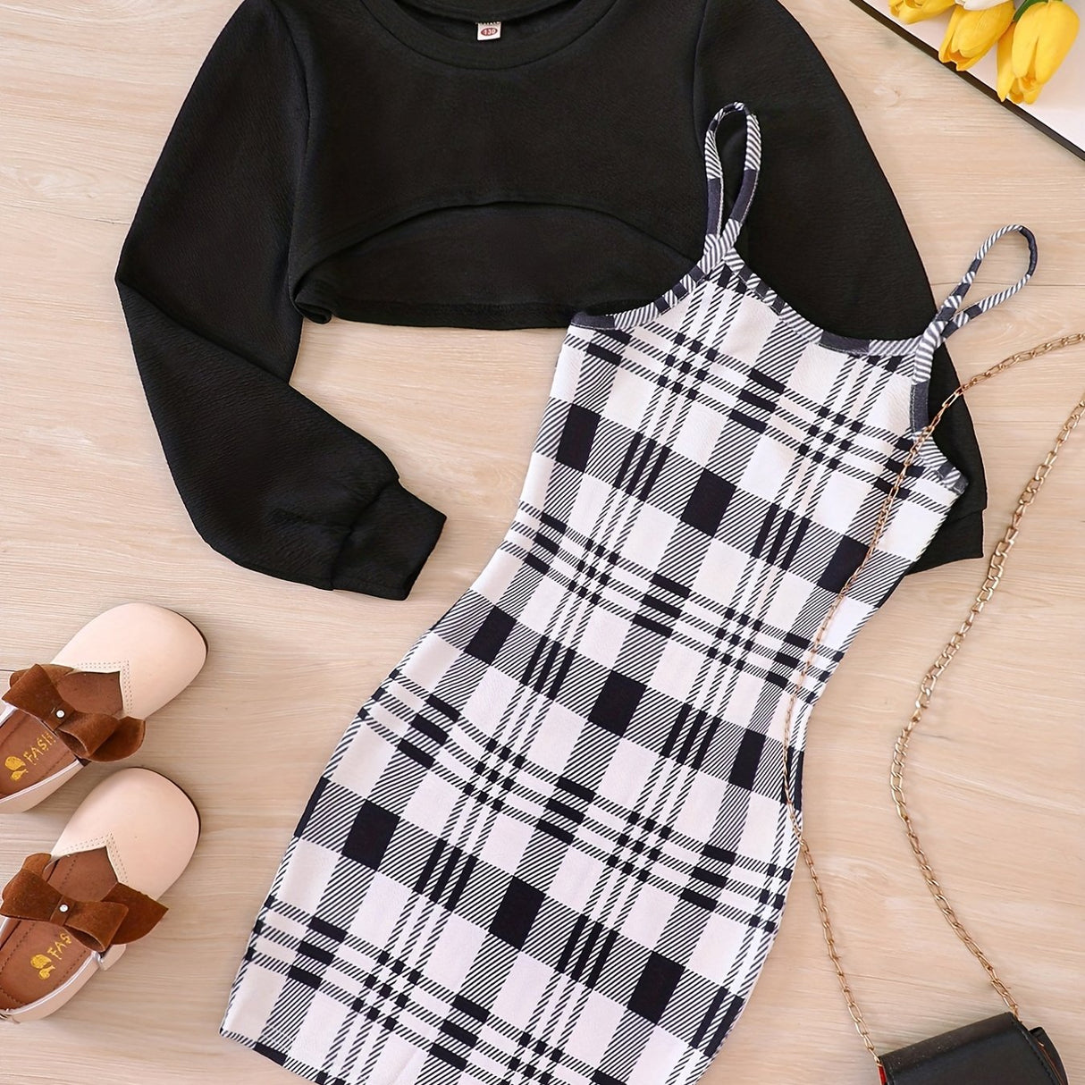 Trendy Girl's 2pcs, Plaid Pattern Sundress & Crop Sweatshirt Set, Casual Outfits, Kids Clothes For Spring Autumn