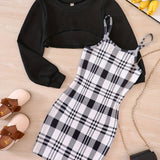 Trendy Girl's 2pcs, Plaid Pattern Sundress & Crop Sweatshirt Set, Casual Outfits, Kids Clothes For Spring Autumn