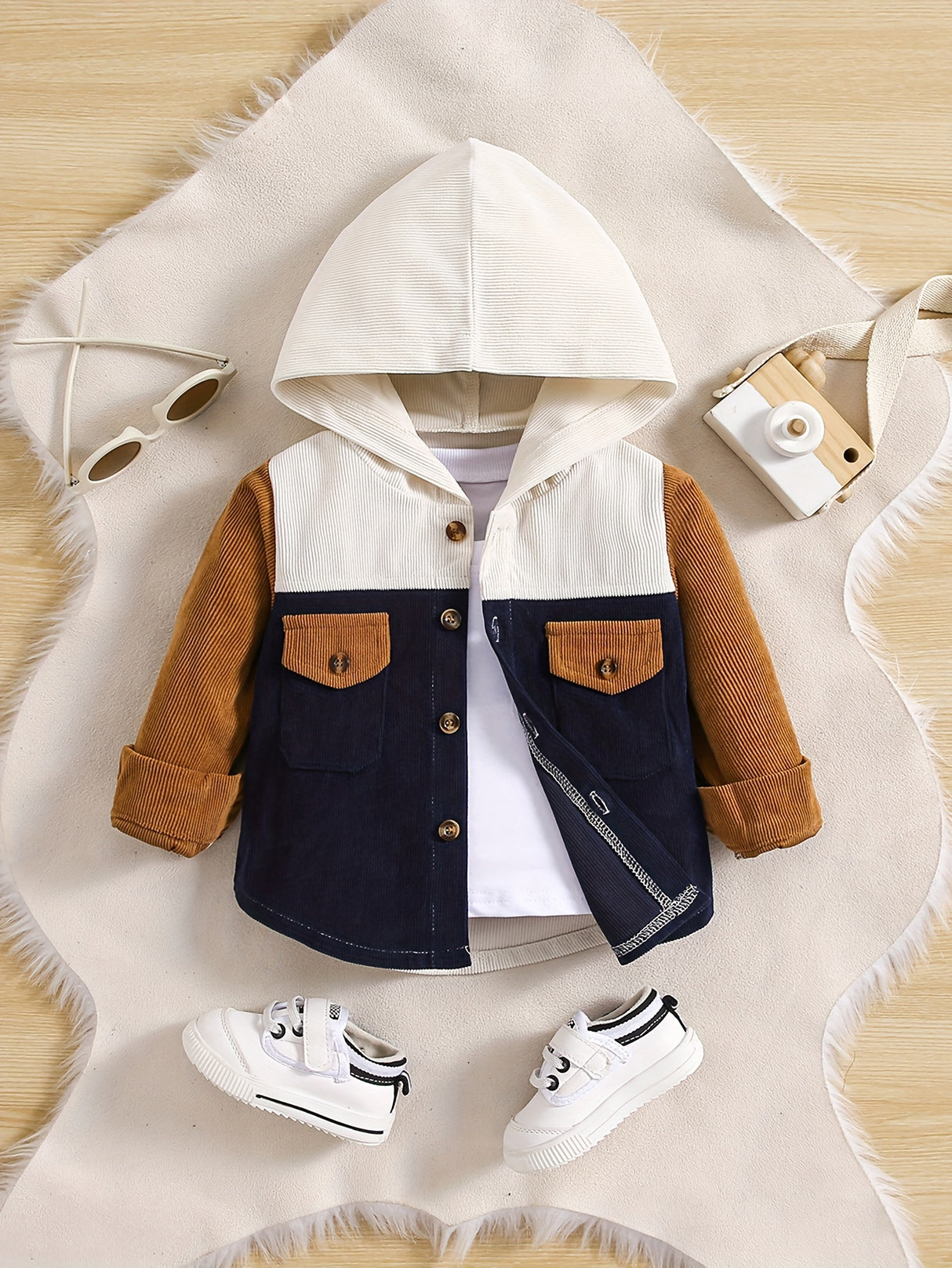 Toddler Boys Stylish Solid Color Hooded Bomber Jacket - Water-Resistant Polyester Fabric, Casual Button Down Coat with Pocket, Regular Fit for Spring and Fall Seasons
