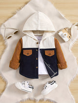 Toddler Boys Stylish Solid Color Hooded Bomber Jacket - Water-Resistant Polyester Fabric, Casual Button Down Coat with Pocket, Regular Fit for Spring and Fall Seasons
