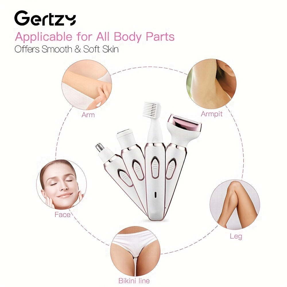 4-in-1 Rechargeable Electric Razor: Painless Wet & Dry Trimmer for Face, Nose, Legs, Underarm, Bikini - Portable Grooming Kit for Women