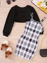 Trendy Girl's 2pcs, Plaid Pattern Sundress & Crop Sweatshirt Set, Casual Outfits, Kids Clothes For Spring Autumn