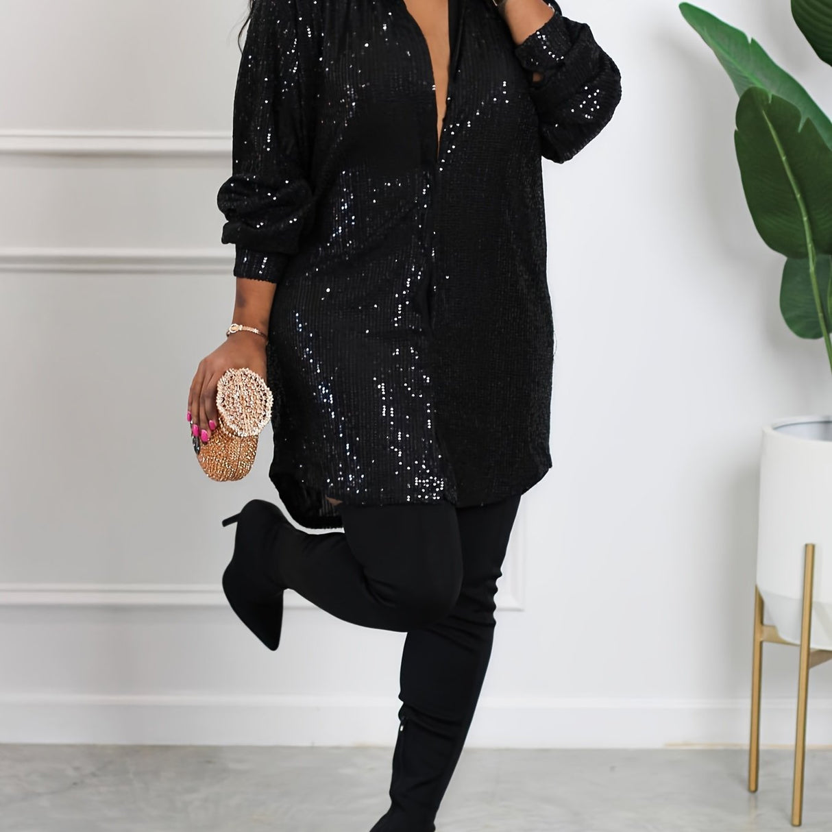 Plus Size Glamour - Sequined, Long Sleeve, Turn Down Collar, Button Up Shirt Dress for Women - Perfect for Party, Evening, and Formal Occasions