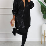 Plus Size Glamour - Sequined, Long Sleeve, Turn Down Collar, Button Up Shirt Dress for Women - Perfect for Party, Evening, and Formal Occasions