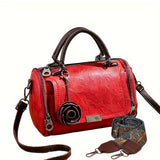 Women'S Boston Handbag with Flower Pendant, Solid Color Zippered Satchel, Polyester Lined, Painted Edges, Messenger Bag for Occasions