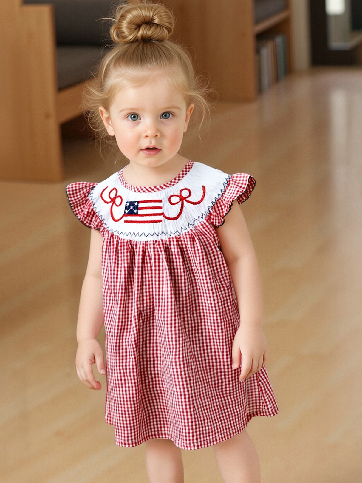 Toddler Girls Patriotic 4th of July Dress with American Flag Embroidery, Ruffled Sleeves & Bow Detail - Red Gingham A-Line Cotton Blend Beach Party Outfit for Independence Day Celebrations, Little Girls Outfit Sets