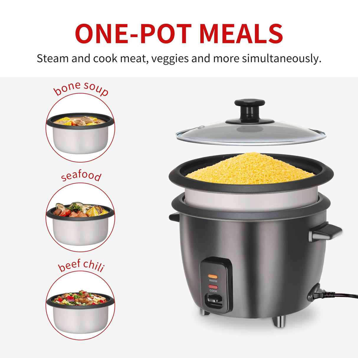Rice Cooker with Removable Nonstick Pot, Yogurt Maker with Auto Keep Warm Function, Large Capacity 6-cup (cooked) 1.5 Qt, 3-cup (uncook), One Touch Operation Grain Cooker, Multicooker, Stainless Steel Inner Liner, Steamer, Oa