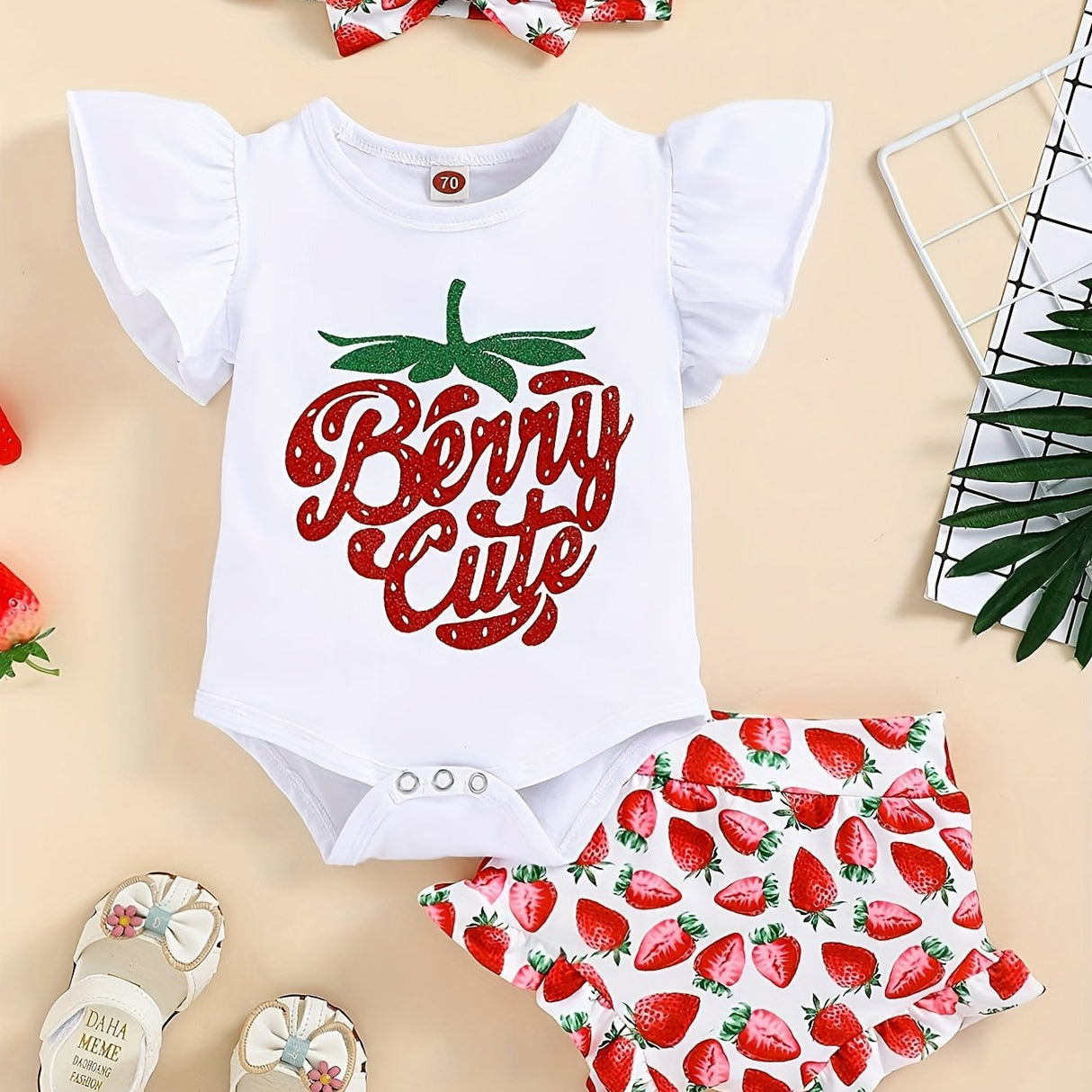 3pcs Baby Girl Summer Outfit: "Little Miss Sunshine" Ruffle Short Sleeve Romper, Floral Shorts & Matching Headband - Cotton Blend, Machine Washable, Casual Baby Clothing | Ruffled Baby Romper | Comfortable Babywear, Baby Girl