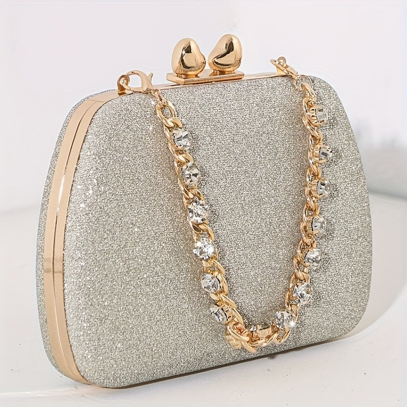 Shimmering Heart Glam Clutch Bag - Studded Chain & Metal Detail - Versatile Evening Wear for Banquets & Parties - Durable PU Material