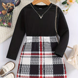 2pc Toddler Girls Solid Crew Neck Long Sleeve Pullover Top & Plaid Skirt Comfy Outfits Kids Clothes For Fall