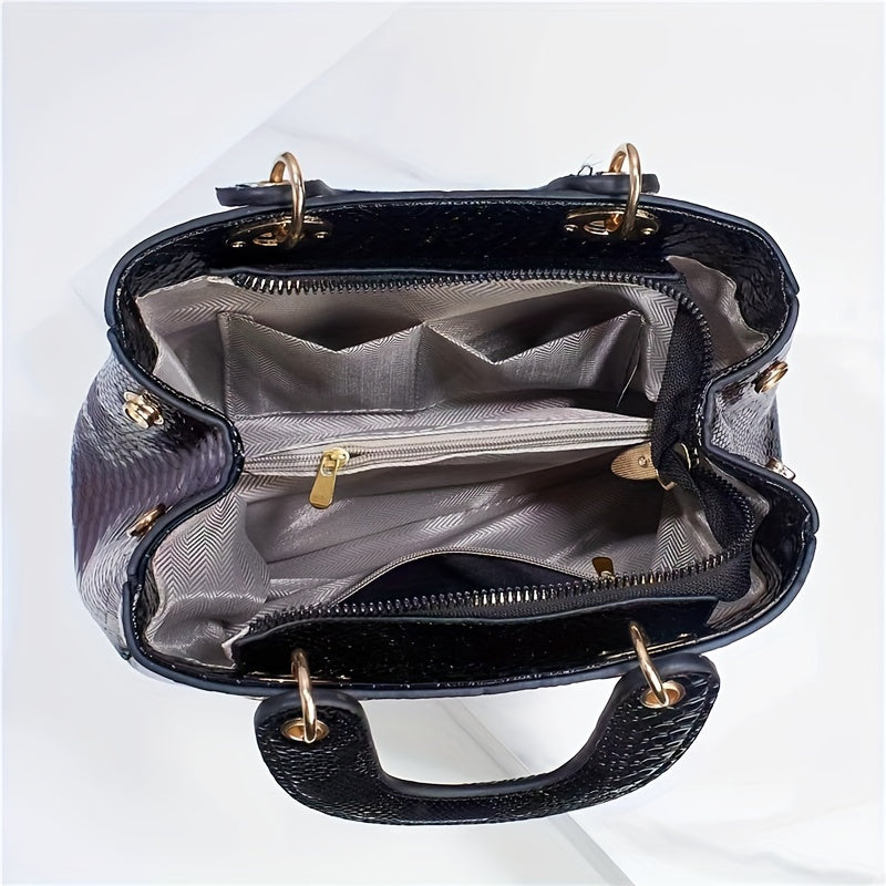 Luxurious PU Crocodile Print Tote Bag - Spacious Interior, Zipper Closure, Polyester Lining, Top Handle Satchel, Shoulder Bag, Crossbody Bag & Purse - Elegant Womens Fashion Handbag with Edge Painted Details
