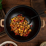 WYJ Handmade Binaural Iron Wok with Wooden Lid & Shovel Spoon Set - Round/Flat Bottom Choose, Uncoated Cast Iron Wok for All Stoves 30/34/36/38cm
