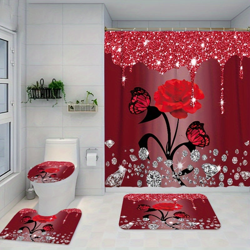 1/3/4pcs Diamond Butterfly Rose Pattern Shower Curtain Set - Waterproof, Non-Slip, Decorative Bathroom Essentials with Bath Mat, Toilet Cover Pad, U-Shaped Mat, and Hooks - Complete Home Bathroom Decor Solution