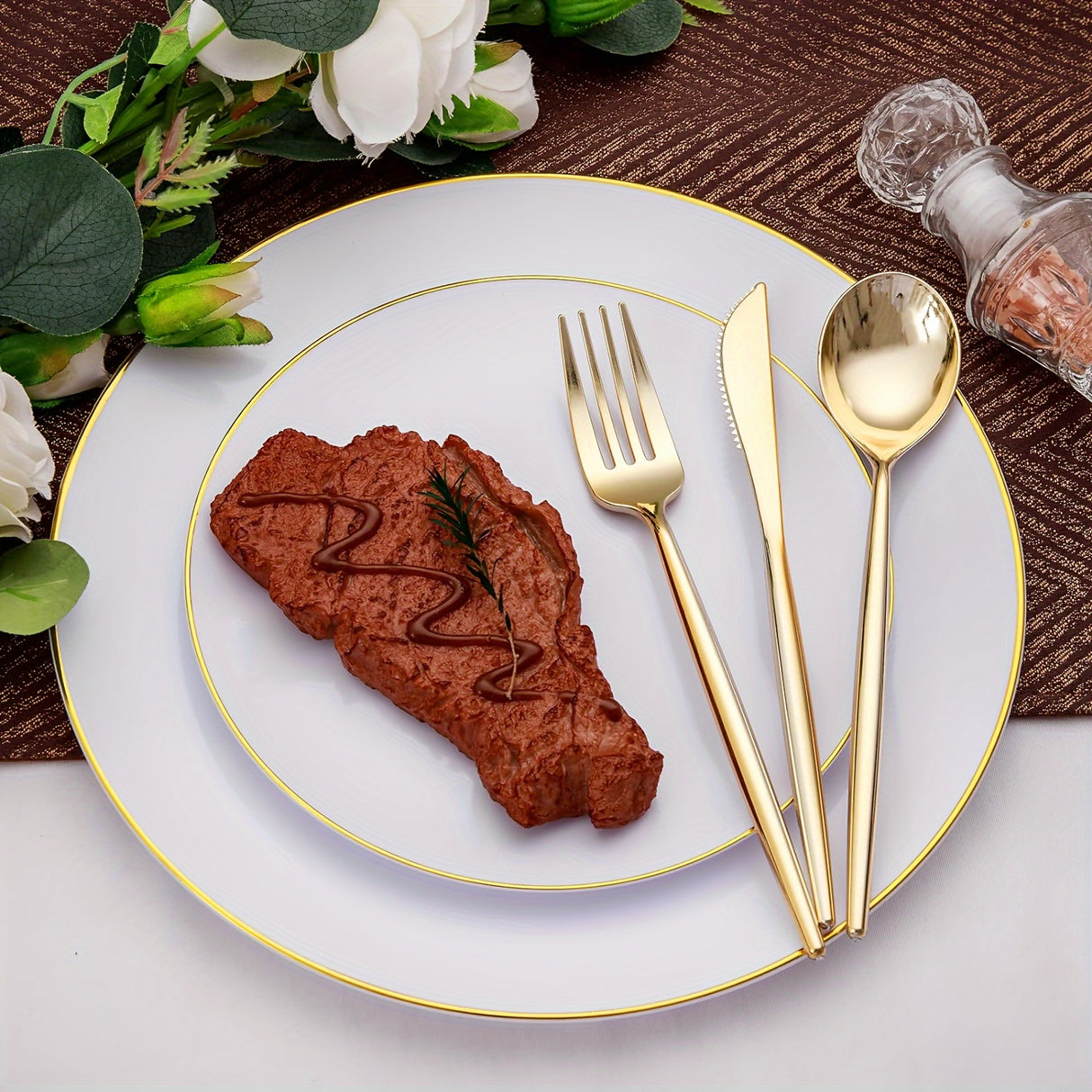 50pcs, Golden Plastic Silverware, Luxury Golden Plastic Cutlery, Heavy Weight Golden Plastic Flatware, Golden Utensils Set Disposable Include Golden Forks, Golden Spoons, Golden Knives For Party