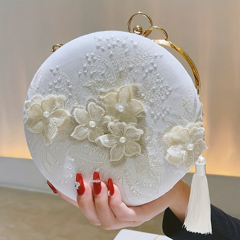 Vibrant Floral Embroidery Round Clutch Bag - Stunning Wedding Party Purse for Women, Elegant Hanfu Accessories with Delicate Flower Pattern, Perfect for Banquet and Formal Occasions
