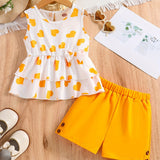 Girls Casual Trendy Cute Heart Graphic Sleeveless Peplum Top & Shorts Set For Summer Holiday Party Kids Clothes