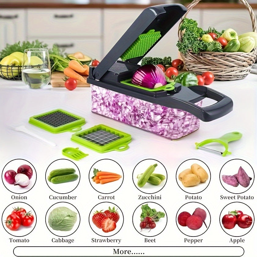 14-in-1/ Set Upgraded Vegetable Chopper With Container, Professional Food Chopper, Multi-Functional Fruit Slicer, Manual Food Shredder, Onion Grater With Multiple Interchangeable Blades Chopper, Dicer (Kitchen Gadgets And Ess