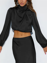 Women Satin Blouses Dressy Cowl Neck Long Sleeve Crop Tops