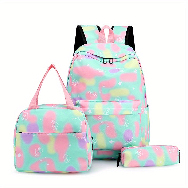 Vibrant Tie Dye Cartoon Pattern Backpack - Spacious School Bag with Insulated Lunch Box, Pencil Case, and Multiple Compartments for Organized School Use