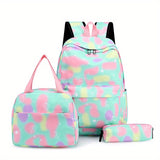 Vibrant Tie Dye Cartoon Pattern Backpack - Spacious School Bag with Insulated Lunch Box, Pencil Case, and Multiple Compartments for Organized School Use