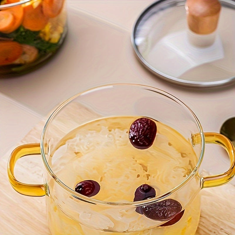 50.72oz Borosilicate Glass Stovetop Pot with Lid - Heat Resistant Transparent Cooking Pot for Soup, Milk, Porridge - Dual Yellow Handles, Microwavable & Stove Compatible Cookware