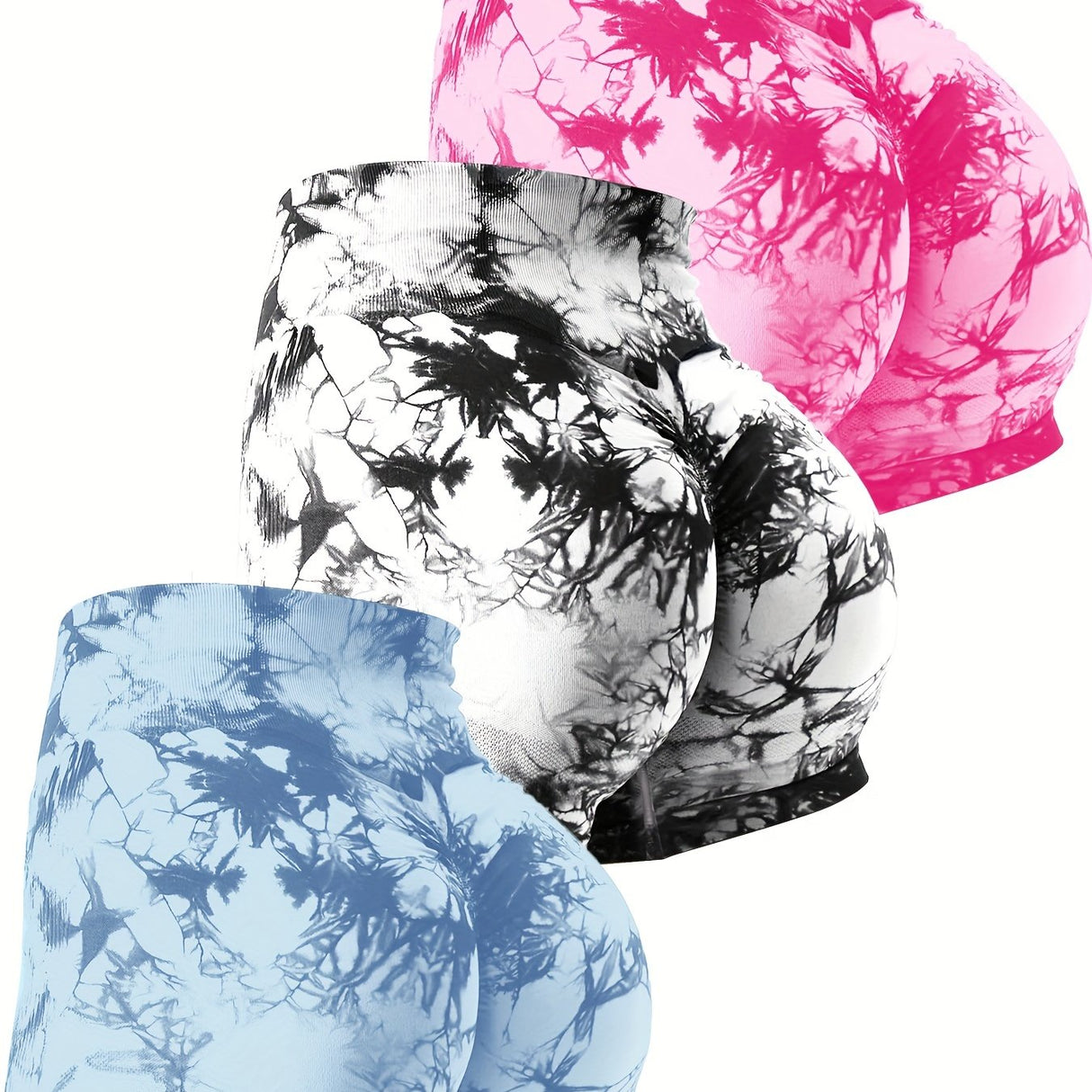 3 Piece Tie Dye Workout Shorts For Women, Scrunch Butt Lifting High Waisted Yoga Gym Seamless Booty Biker Shorts, Women's Activewear