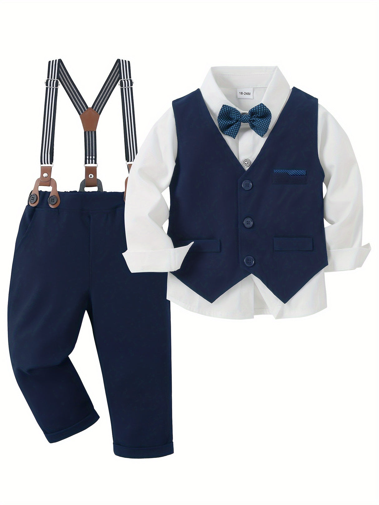 4pcs Toddler Boys Gentleman Outfit Set - Cotton Blend Long Sleeve Shirt, Bowtie, Vest, Suspender Pants with Floral Pattern for Wedding Party - All-Season Regular Fit, Woven Fabric, Single Breasted Lapel Collar, 5.0% Spandex,