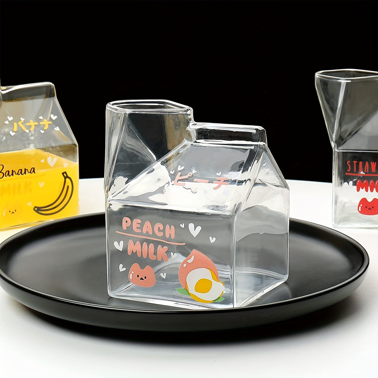 1pc Adorable Kawaii Glass Milk Carton Mug - 12 Oz Microwave Safe, Reusable, BPA-Free, Square-Shaped, Recyclable, Multipurpose Cup with Strawberry, Peach, Avocado, and Banana Print for Breakfast and Coffee
