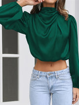 Women Satin Blouses Dressy Cowl Neck Long Sleeve Crop Tops