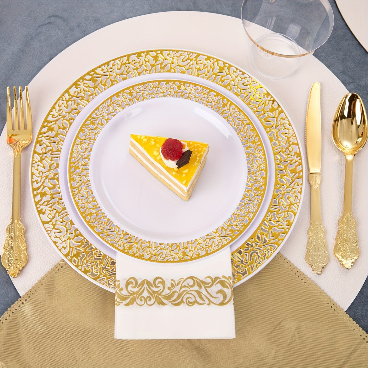 350 Piece Disposable Plastic Dinnerware Set, Golden Lace Design, 50 Dinner Plates, 50 Dessert Plates, 50 Golden Silverware, 50 Golden Cups, 50 Napkins for Thanksgiving Party