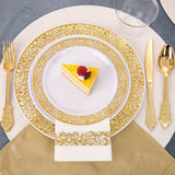 350 Piece Disposable Plastic Dinnerware Set, Golden Lace Design, 50 Dinner Plates, 50 Dessert Plates, 50 Golden Silverware, 50 Golden Cups, 50 Napkins for Thanksgiving Party