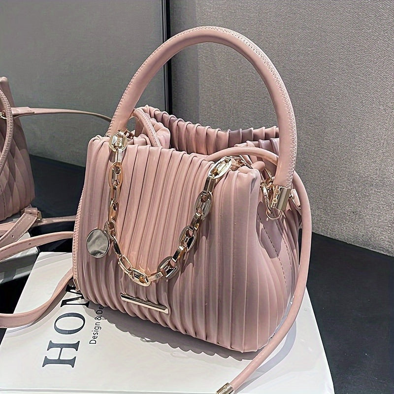 Elegant White Pleated Bucket Bag for Women – Chic Summer Crossbody Shoulder Handbag with Golden-Tone Hardware & Braided Handle, Versatile All-Match Design, Ladies Handbags