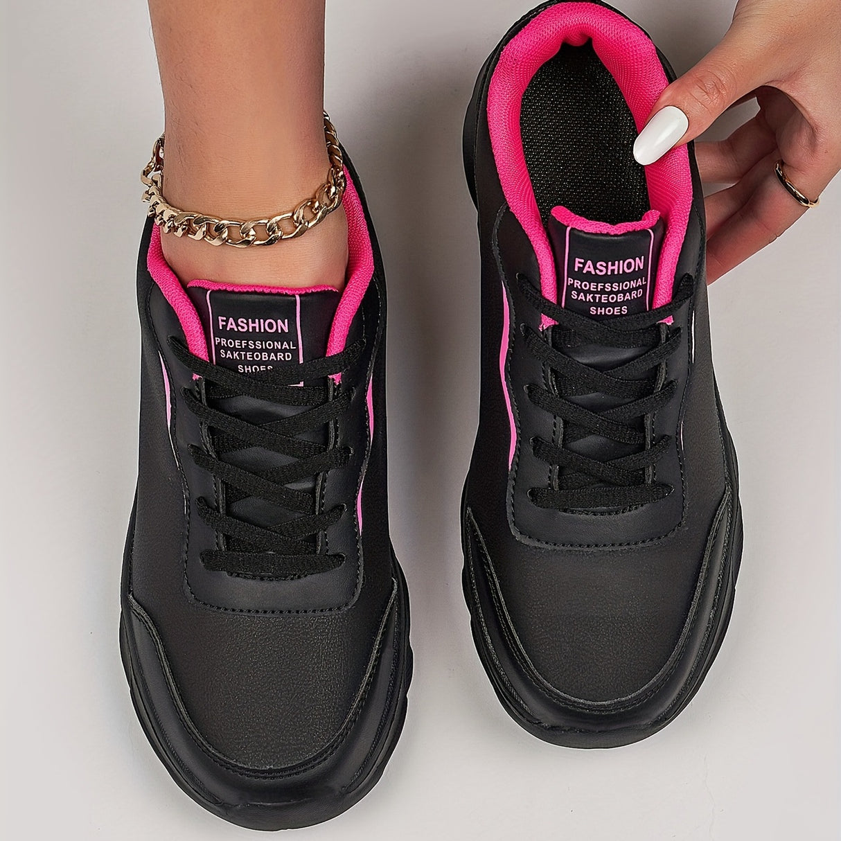 Women's Black Non-slip Sneakers, Casual Lace Up Faux Leather Running Shoes, Lightweight Outdoor Jogging Shoes