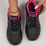 Women's Black Non-slip Sneakers, Casual Lace Up Faux Leather Running Shoes, Lightweight Outdoor Jogging Shoes
