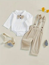 Baby Boy Gentleman Outfit Bow Tie Lapel Neck Long Sleeve Romper + Elastic Waist Suspender Pants Infant 2pcs Clothes Set for Wedding, for Outdoor