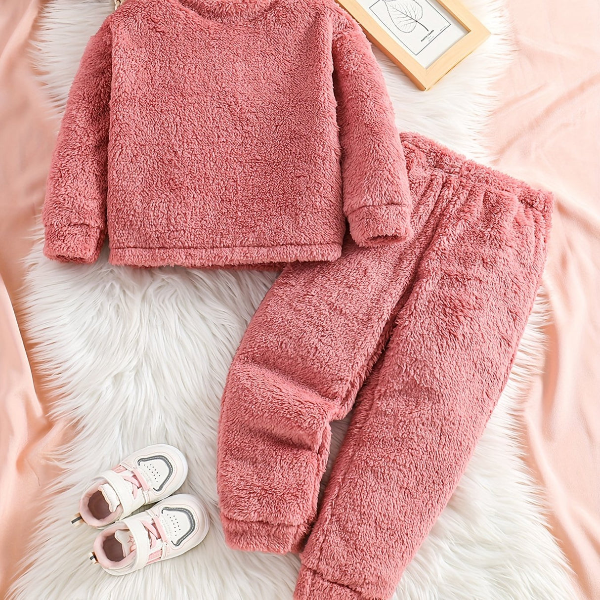 2pc Double-sided Fleece Sets, Solid Top & Jogger Pants Kids Clothes For Toddler Girls Fall Winter Outdoor
